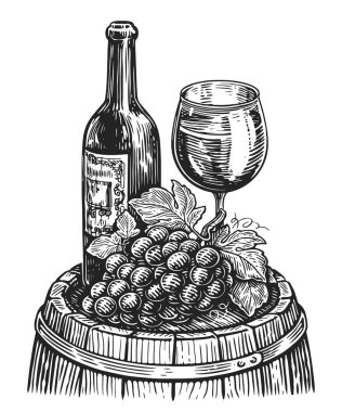 Bir şişe şarap, bir bardak ve ahşap fıçının üzerinde üzüm. Şaraphane konsepti. Çizim çizimi ögesi