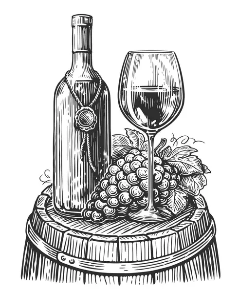 Bicchiere Vino Bottiglia Con Uva Botte Legno Schizzo Concettuale Vinificazione — Foto Stock