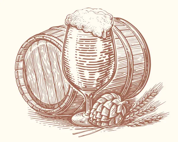 Glass Beer Foam Wooden Barrel Hops Ears Wheat Clipart Sketch — Stock Vector