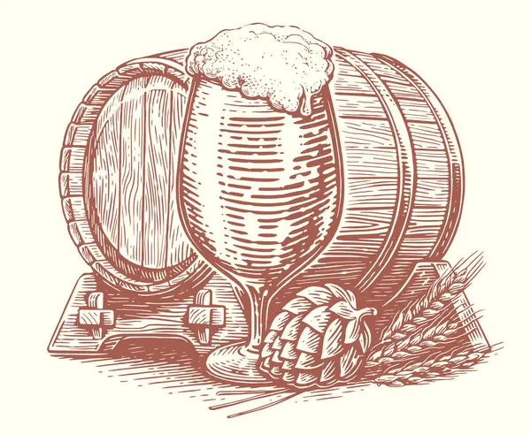 Composition Glass Beer Barrel Ears Wheat Hops Drawing Sketch Clipart — Vector de stock