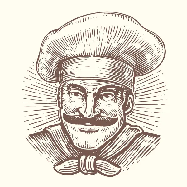 Hand Drawn Portrait Cook Chef Hat Sketch Drawing Cafe Restaurant — Archivo Imágenes Vectoriales