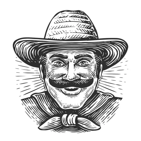 Middle Aged Male Mexican Farmer Smiling Hand Drawn Portrait Cheerful — Vector de stock