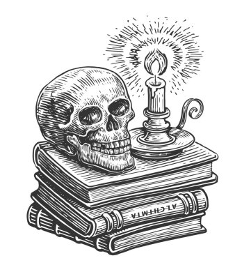 Cadılar Bayramı, mistik çizimler. Kafatasıyla sihirli kompozisyon, büyü kitapları yığını ve yanan mumla şamdan.