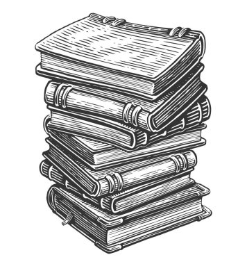 Kitapçı, kütüphane eşyaları, bir yığın kitap. Okul eğitimi ders kitapları yığını. Clipart vintage çizimi