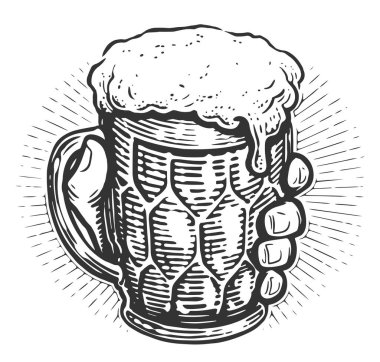 Elinde bir bardak köpüklü bira. Taslak vintage tarzında çizilmiş vektör illüstrasyonu. Bar, bira fabrikası amblemi