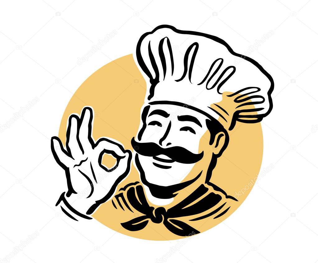 Emblem for restaurant or cafe menu design. Portrait of smiling cartoon chef wearing hat in logo style