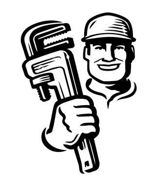 Tesisat onarım işi amblemi ya da logosu. Ayarlanabilir anahtarı olan bir tesisatçı. Siyah ve beyaz vektör çizimi