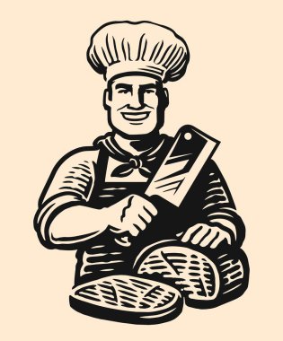 Erkek aşçı, menü restoranı ya da kasap dükkanı logosu. Kasap bıçağıyla et kesen mutlu bir aşçı.