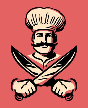 Doğu fast food amblemi, etiket ya da logo. Çapraz bıçaklı aşçı donör kebap için et hazırlıyor.