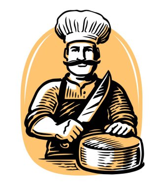 Bıçaklı ve peynirli bir aşçı. Organik tarım ürünü amblemi veya logosu, vektör illüstrasyonu