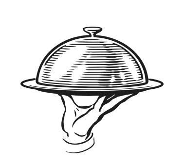 Garson yemek servisi yapıyor. Tepsisi kapaklı bir el. Restoran veya kafe menüsü için çizim