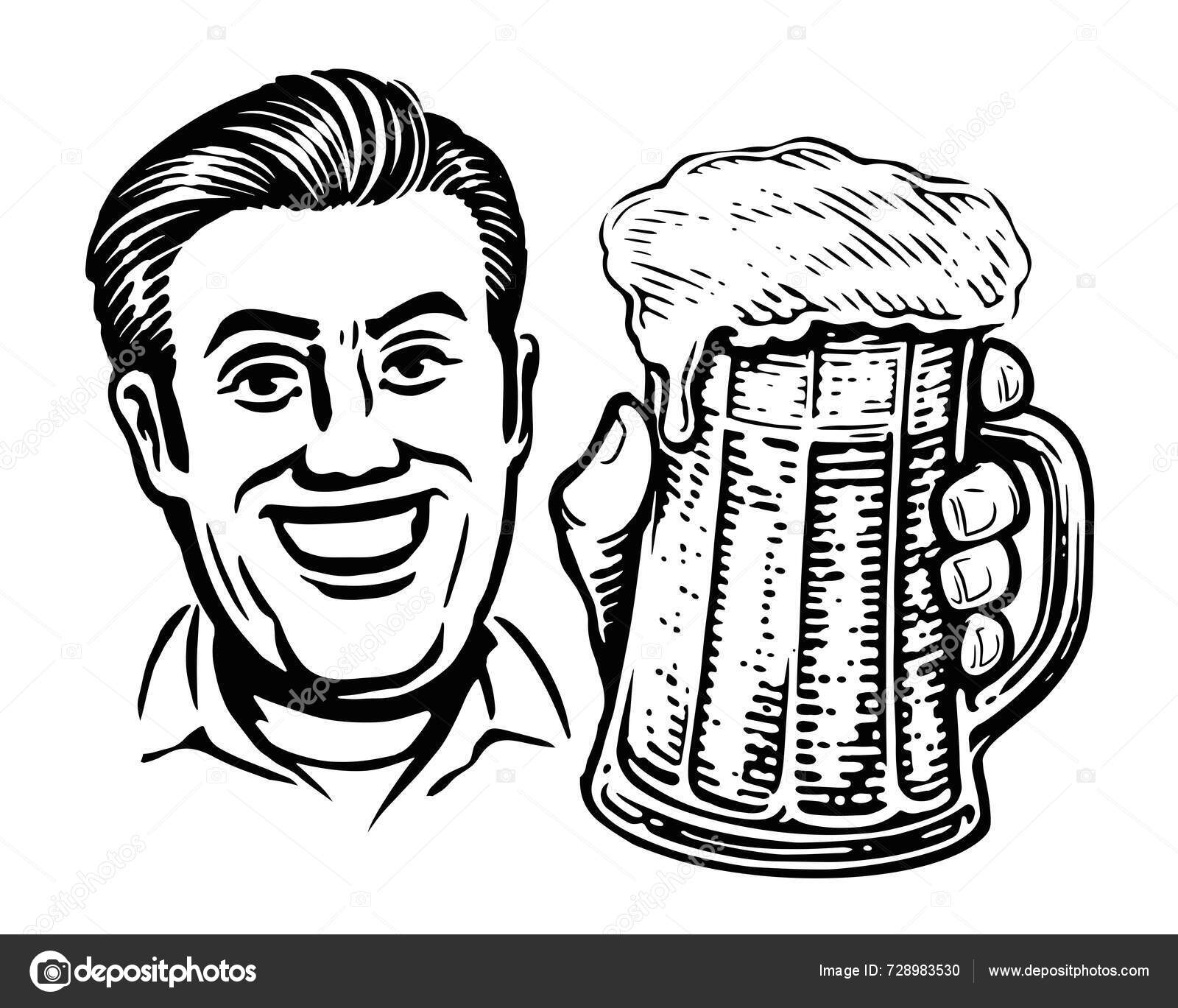 cheerful-man-offering-mug-beer-hand-drawn-black-white-illustration