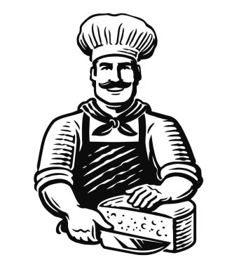 Şef ve süt ürünleri amblemi ya da logosu. Peynir üreticisi peyniri bıçakla kesiyor. Çiftlik gıda vektörü illüstrasyonu
