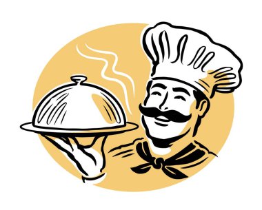 Logo pişiriyorum. Elinde yemek tepsisi amblemi olan bir aşçı. Kafe veya restoran menüsü için vektör illüstrasyonu