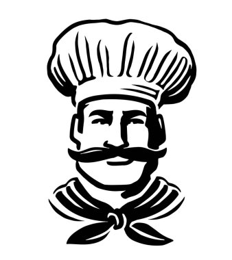 Mutfak işçisi erkek aşçı amblemi. Şapkalı şefin portresi, logo. El çizimi vektör illüstrasyonu