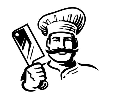 Bıçak logosu olan bir erkek aşçı. Kasap bıçağı amblemi olan bir aşçı. Barbekü restoranı menüsü için el çizimi
