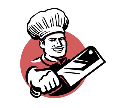 Et bıçağı amblemi olan bir şef. Tasarım için kasap dükkanı logosu. Vektör illüstrasyonu
