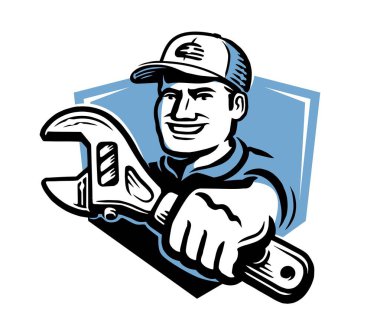 Anahtar amblemli bir işçi. Mekanik onarım servisi retro logosu. Vektör illüstrasyonu