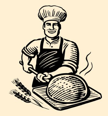 Şef fırıncı elinde ekmekle tahta bir kürek tutuyor. Fırın, taze pişmiş yiyecekler amblemi. El çizimi vektör illüstrasyonu