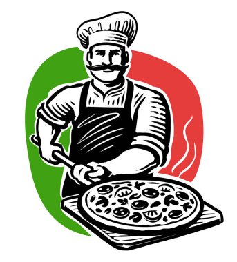 İtalyan bayrağında pizza yapan aşçı. Pizzacı Logosu. Amblem vektör illüstrasyonu