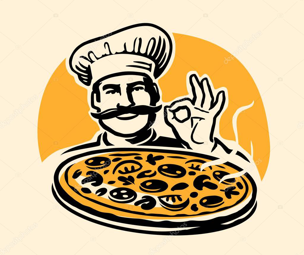 Chef cook presenting delicious pizza. Fast food restaurant, Italian cuisine logo or emblem. Drawing vector illustration