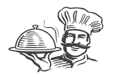 Mutlu aşçı erkek, elinde saat tutuyor. Restoran ya da kafe menüsü tasarımı için çizim. Çizim vektör illüstrasyonu