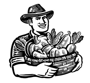 Çiftçi sepet dolusu sebze tutuyor. Sağlıklı organik tarım yiyeceği. Siyah ve beyaz vektör çizimi