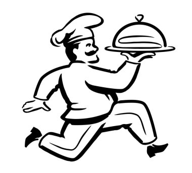 Yemek dağıtım servisi logosu. Tepside tabak taşıyan bir erkek şef. Restoran, kafe menüsü vektör gösterimi
