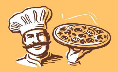 İtalyan restoran vektör illüstrasyonu. Şef ve pizza.