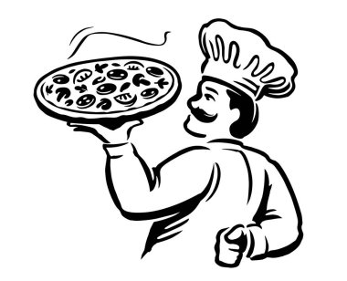 Restoran İtalyan yemek amblemi ya da logosu. Pizzalı aşçı. El çizimi vektör illüstrasyonu