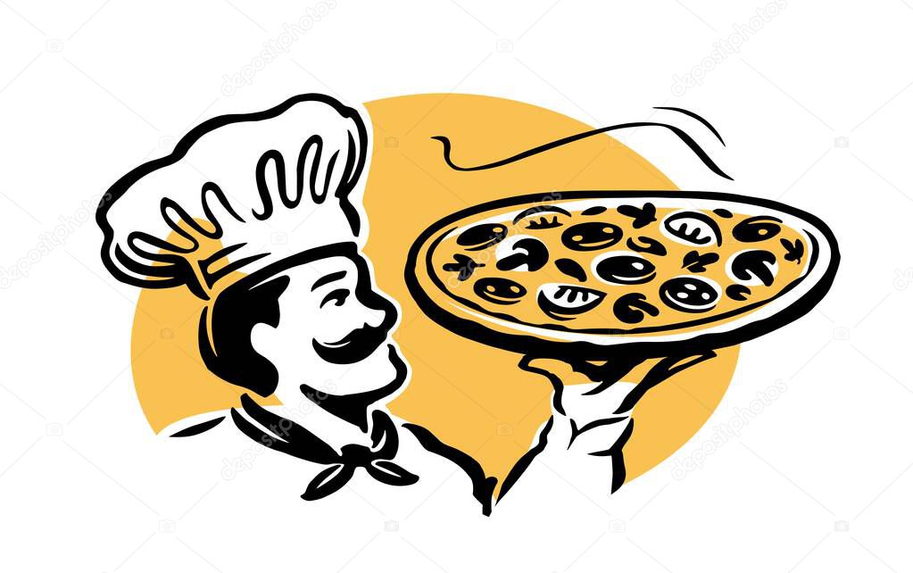 Emblem or logo design. Chef cook holding pizza. Vector illustration for restaurant or diner menu