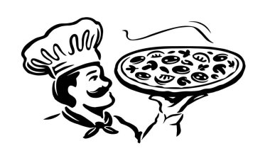 Restoran ya da pizzacı logosu. Elinde pizza tepsisiyle aşçı amblemi. Siyah ve beyaz çizim