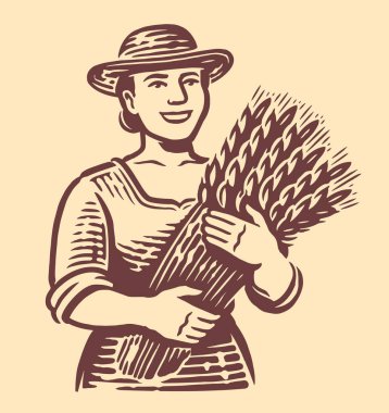 Kızın elinde bir demet taze çavdar var. Elinde buğday tomarı tutan kadın çiftçi. Çiftlik gıda amblemi veya logo vektör çizimi