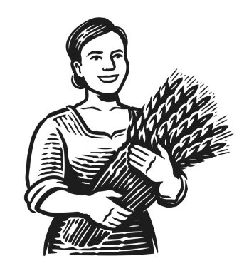 Çiftlik tarım logosu. Buğday kulaklı genç kadın çiftçi. Ekmek amblemi vektör çizimi