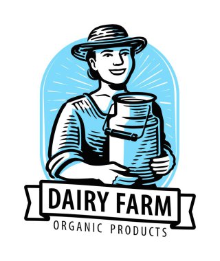 Dairy farm logo or label. Beautiful girl, young woman farmer holds can of fresh cow milk in her hands clipart