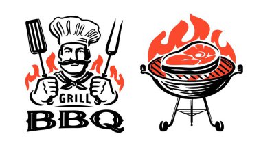 BBQ, ızgara yiyecek amblemi vektör ayarlandı. Restoran menüsü için barbekü etiketleri, rozetler ve tasarım unsurları