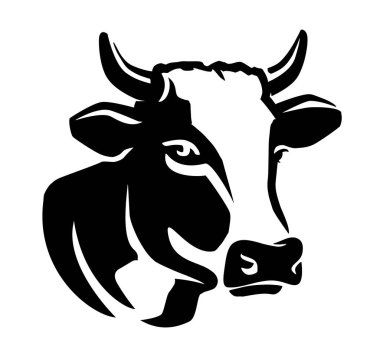 İnek, çiftlik hayvanı amblemi. Boğa kafalı logo. Basit siyah-beyaz vektör çizimi