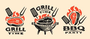Izgara yemek ve BBS restoran amblemi, rozet seti. Izgara barbekü logosu. Vektör illüstrasyonu