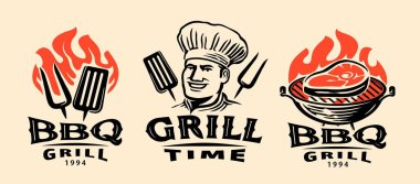 Barbekü, restoranın yemek amblemleri. Barbekü logosu hazır. Vektör illüstrasyonu