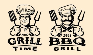 Izgara yemek, barbekü restoranı amblemi ya da rozet. BBC aletleri logosuyla aşçı. Vektör illüstrasyonu
