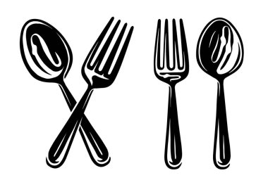 Restoran, restoran amblemi. Çatal ve kaşık sembolü kesişti. Rozet vektör çizimi yemek için çatal bıçak takımı