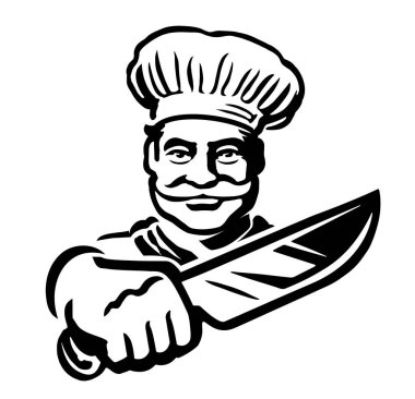 Et satırıyla yaşlı ve mutlu bir aşçı. Kasap dükkanı veya restoran menüsü için el yapımı erkek aşçı. Vektör illüstrasyonu