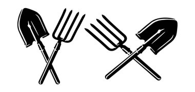 Çiftlik aletleri, tarım sembolü. Çapraz çiftlik küreği ve yaba. Vektör illüstrasyonu