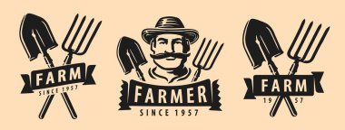 Çiftçilik, tarım sembolü, vektör çizimi. Çiftlik şirketi rozeti ya da amblem ayarlandı