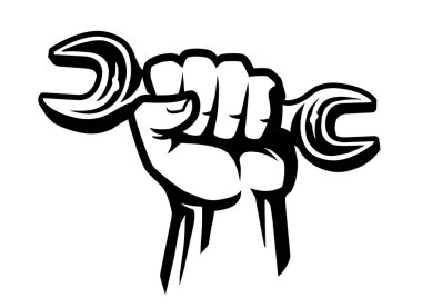 Tamir işi ya da atölye sembolü. Elinde anahtar aleti var. Siyah beyaz illüstrasyon