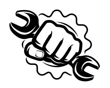 Atölye, servis onarım sembolü ya da tabela. Alet anahtarı ve teçhizat. Vektör illüstrasyonu