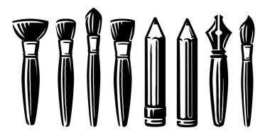 Kırtasiye malzemeleri, eğitim konuları. Fırça, kalem ve dolmakalem sembolü. Siyah ve beyaz vektör çizimi