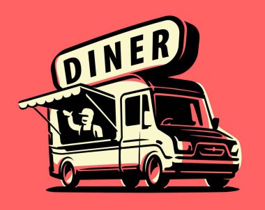 Kamyon restoranı ya da kafe. Sokak fast food servisi. Lokanta, retro reklam vektörü illüstrasyonu