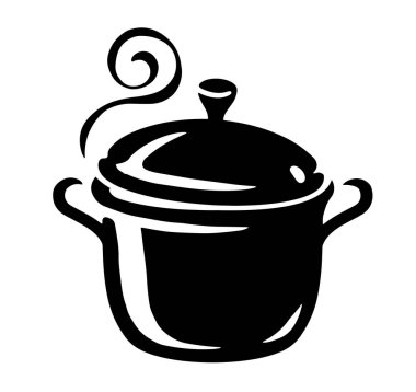 Sıcak yemek işareti basit. Kapak ikonlu tencere pişiriyorum. Mutfak tenceresi ve buhar sembolü