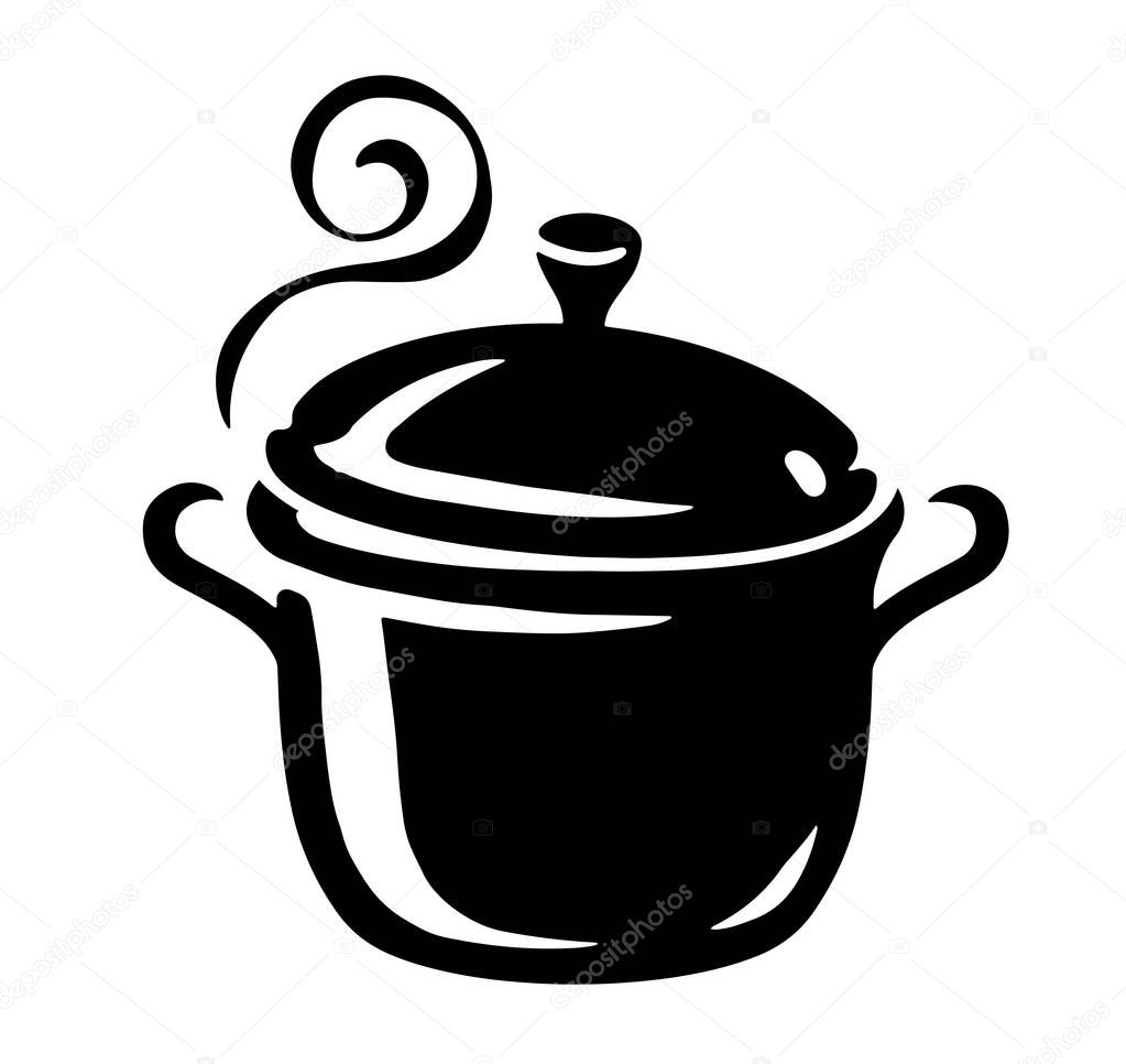 Hot food sign simple. Cooking pot with lid icon. Kitchen saucepan and steam symbol